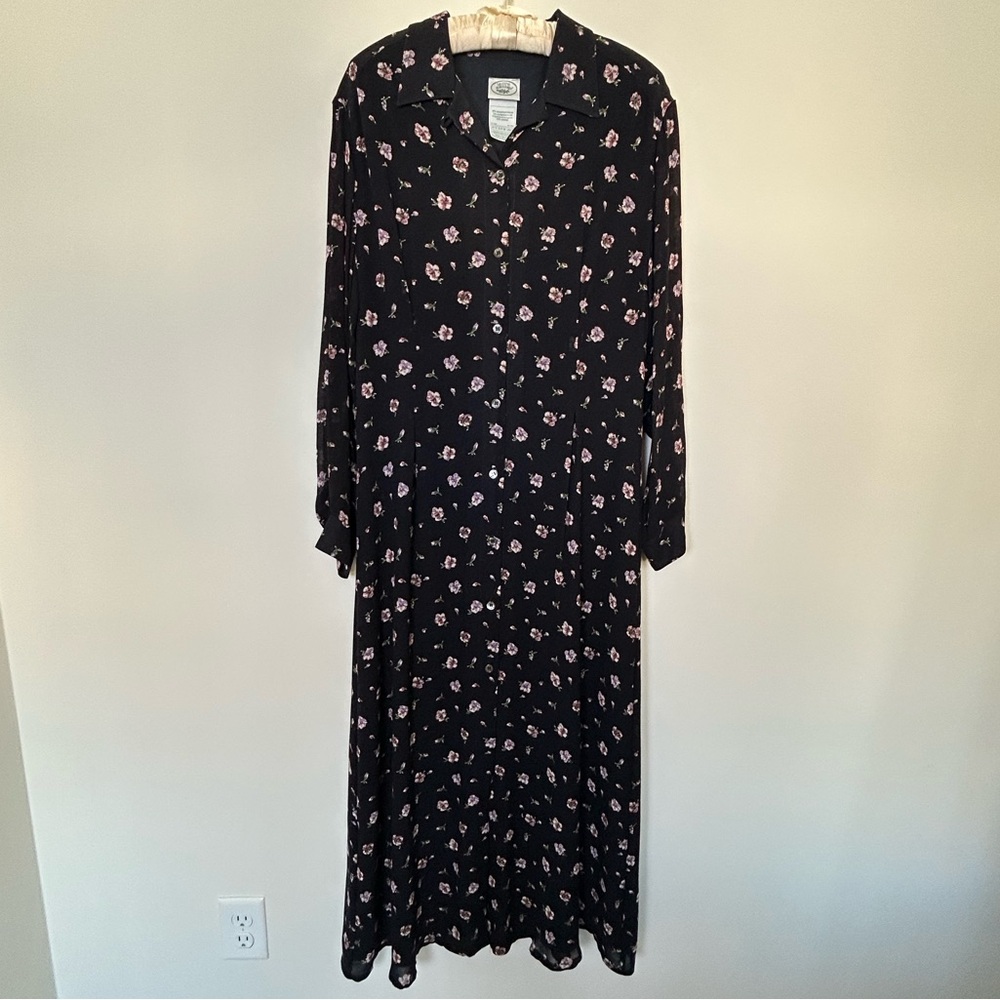 Laura Ashley Floral Maxi Dress Black 8 Vintage Long Sleeve Wool Blend UK Made